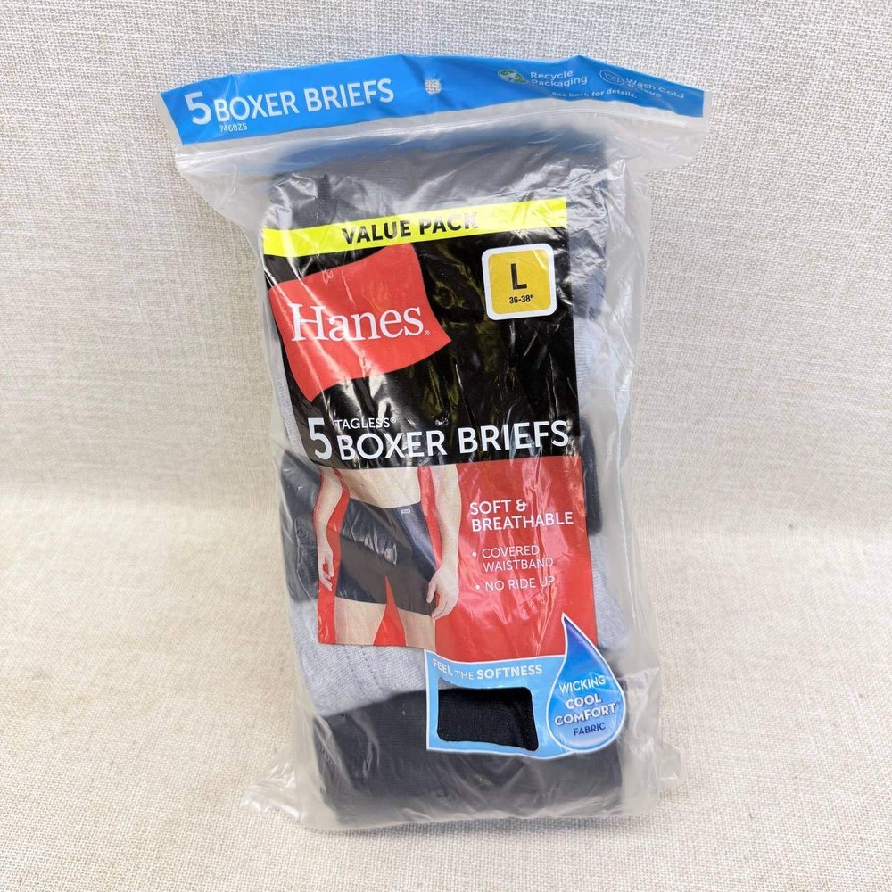 Hanes Men's Tagless Boxer Briefs 5-Pack Size L 36-38 Black Grey New